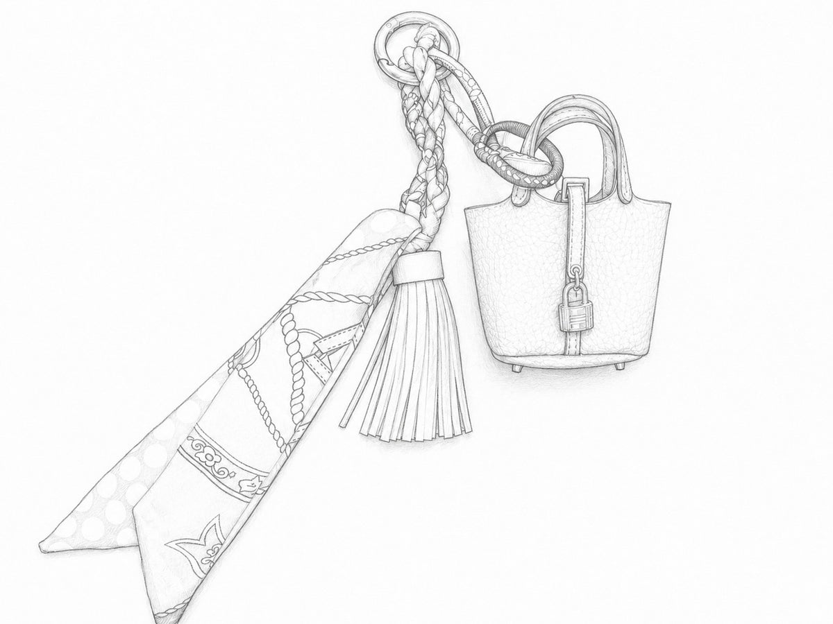 A black and white line art sketch of a fashion accessory set, featuring a patterned scarf with a tassel and a structured handbag charm, on a plain white background.