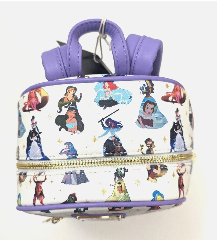 Loungefly Disney Princess All Over Print Mini Backpack White Purple Trim NWT