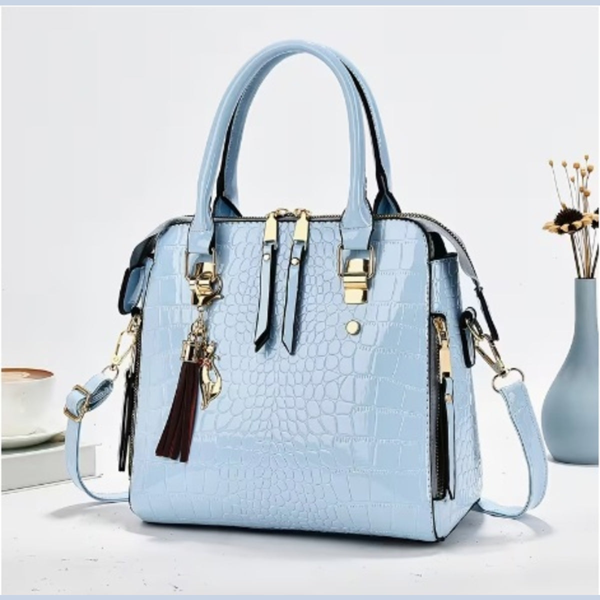Glossy Croc Embossed Satchel Purse Crossbody Bag Tassel Multiple Colors