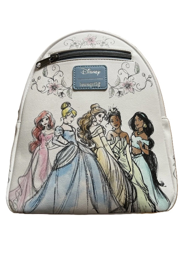 Loungefly Disney Princess Watercolor Portrait Floral Mini Backpack NWT Ariel Cinderella Belle Tiana Jasmine