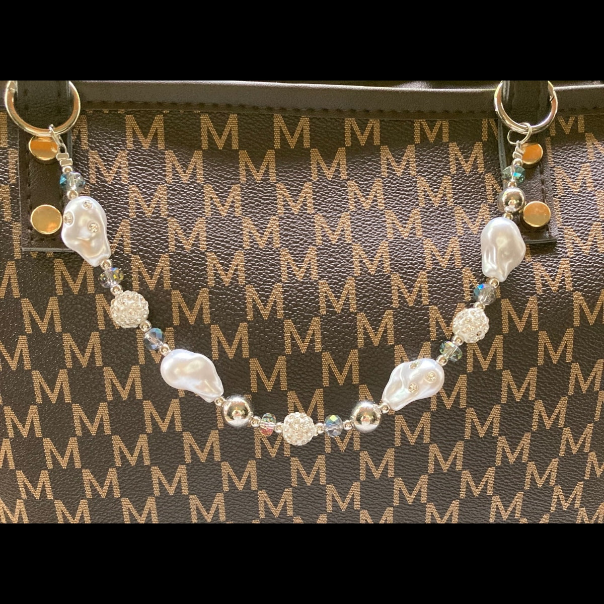 Handmade Silver, Pearl, and Rhinestone Beaded Purse Necklace