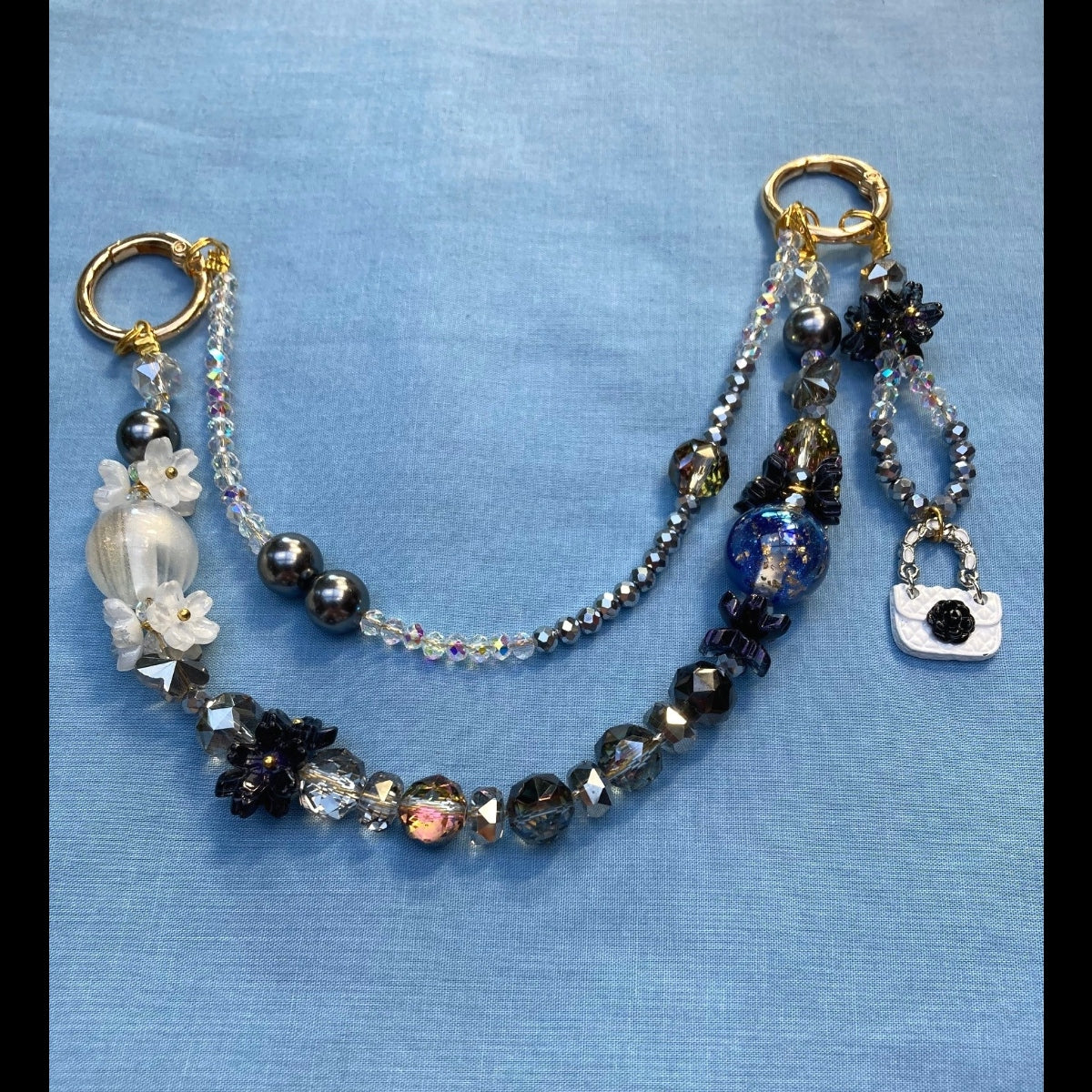 Black, Blue, and Gold Purse Necklace with White Mini Purse Charm