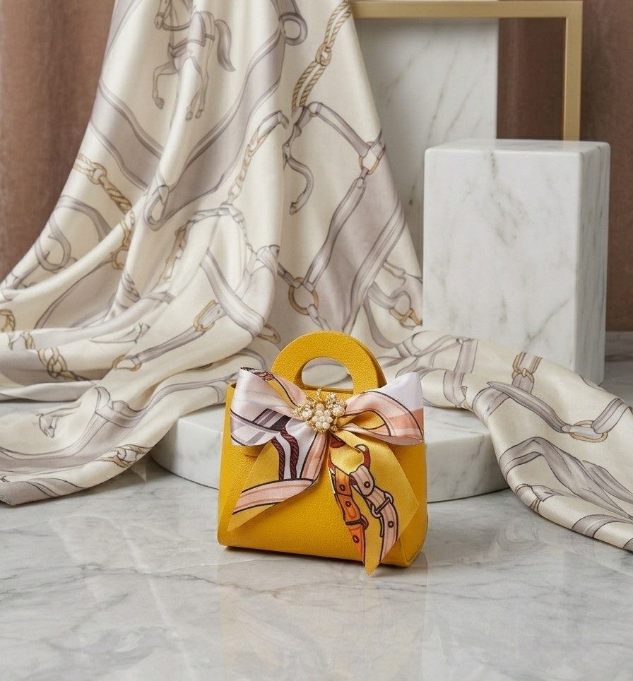 Yellow Mini Handbag with Silky Scarf Accent and Pearl Cluster Bee, Luxury Keychain Accessory