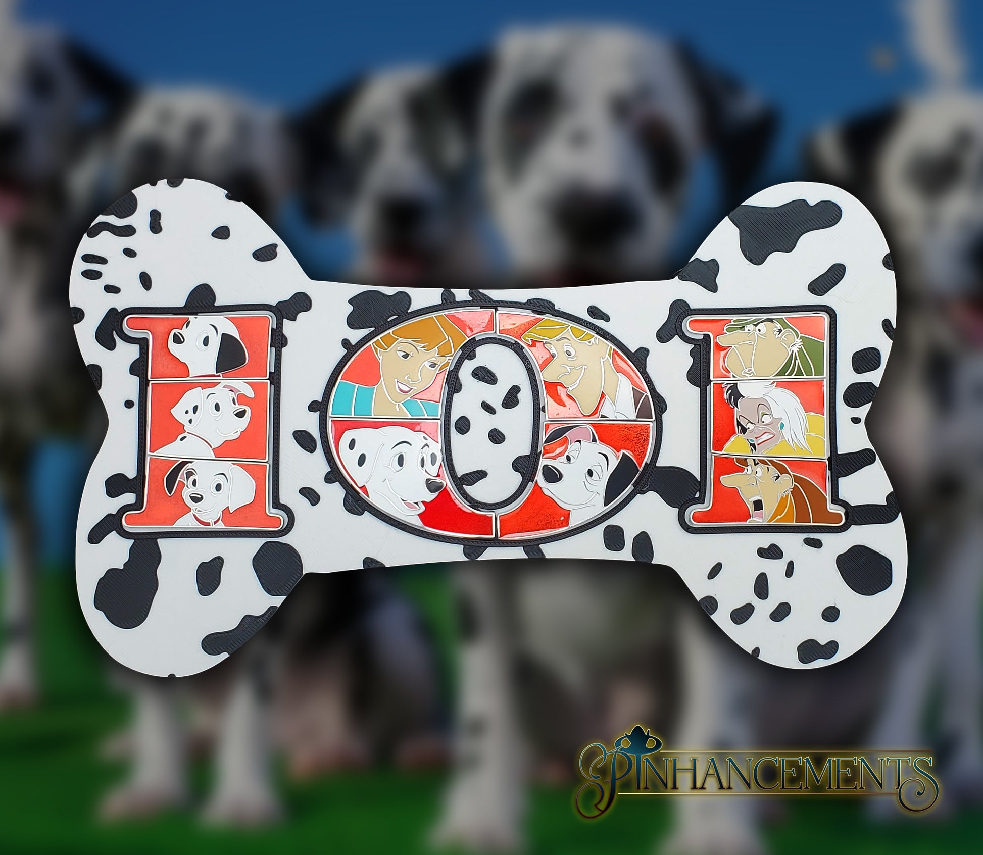 Decorative bone-shaped frame displaying enamel pins from 101 Dalmatians movie 