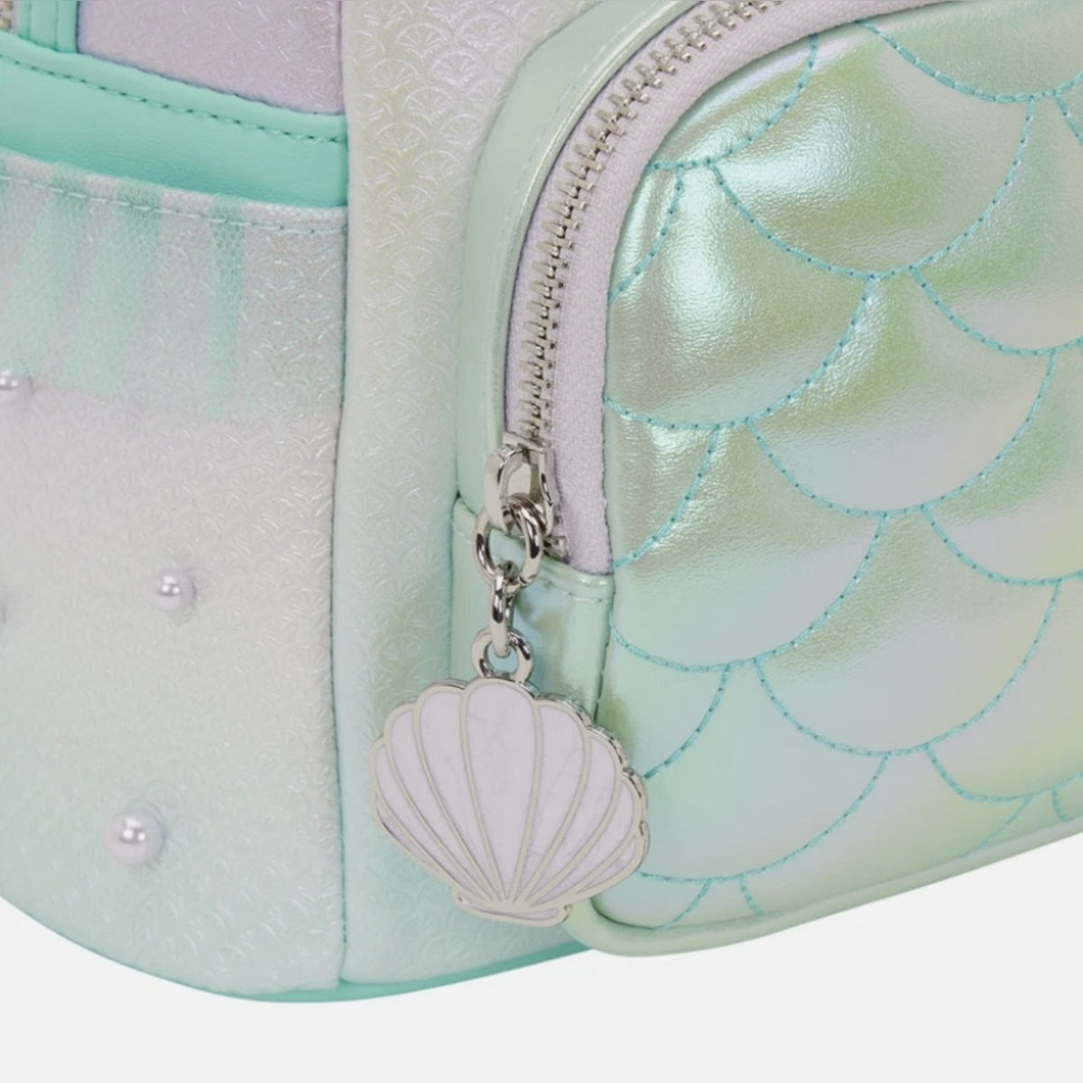 Shell and pearls details on Loungefly Disney Princess Ariel Ombre Mermaid Scales & Pearls Backpack NWT Pinhancements