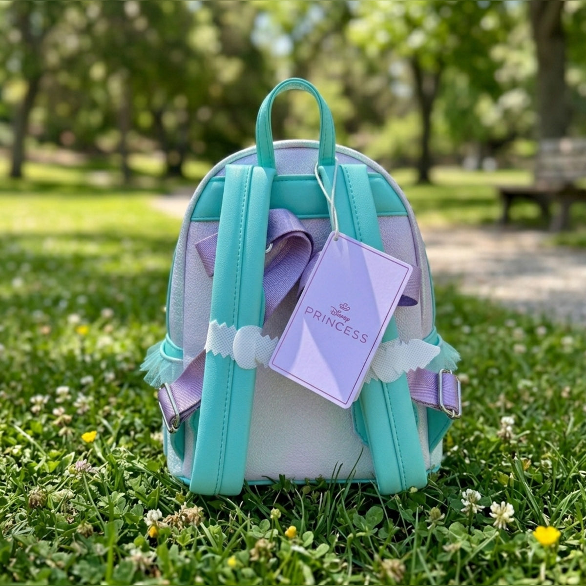 Loungefly Disney Princess Ariel Ombre Mermaid Scales & Pearls Backpack NWT photograph in the grass at the park Pinhancements