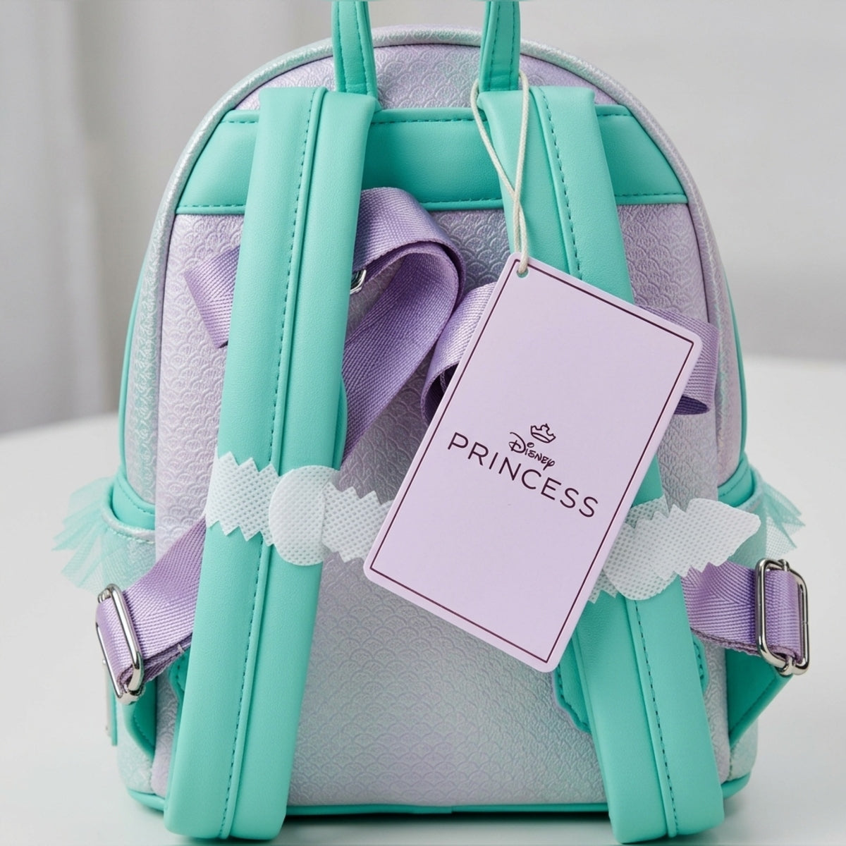 Loungefly Disney Princess Ariel Ombre Mermaid Scales & Pearls Backpack NWT showing original tags and backpack strap wraps Pinhancements