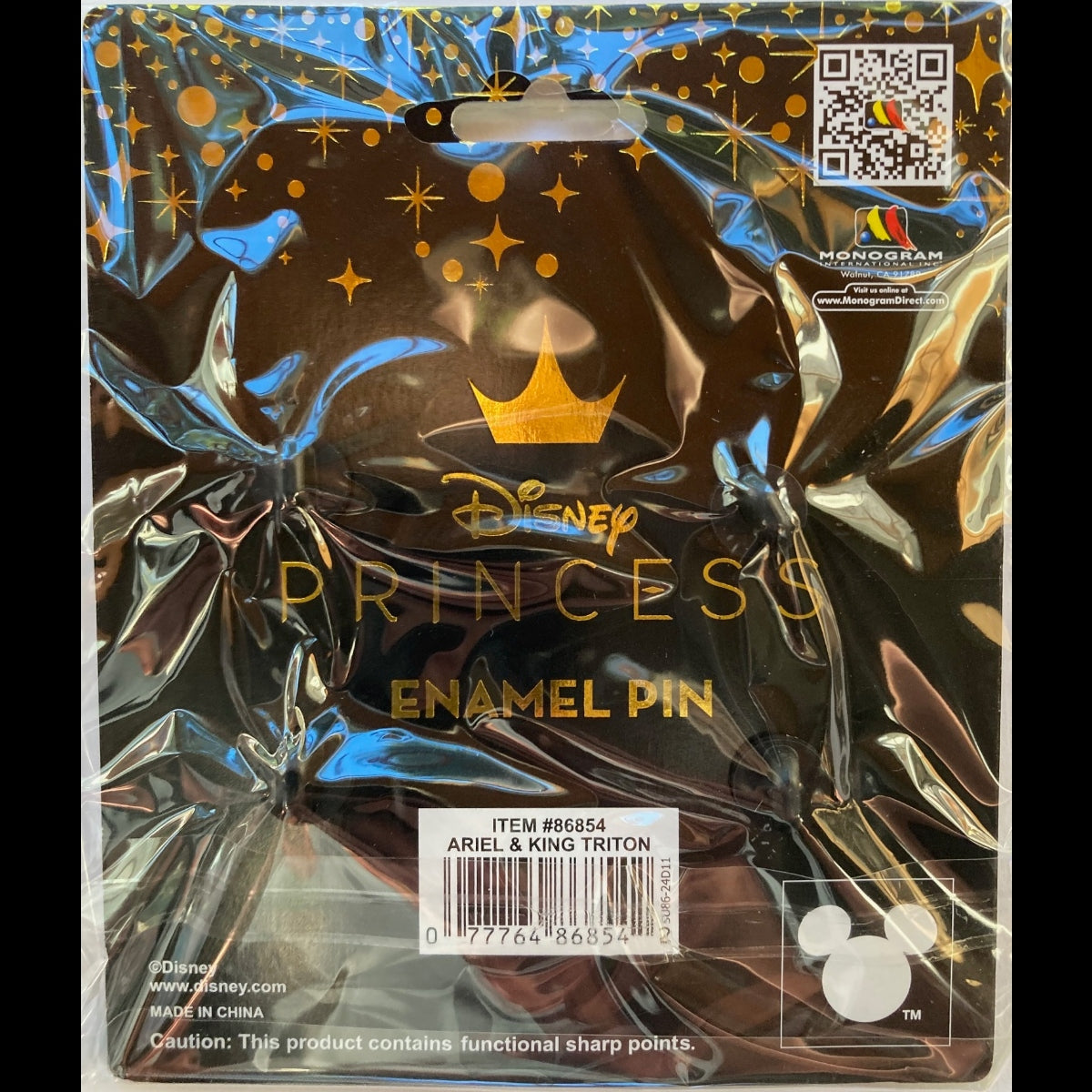 Disney Princess Enamel Pin in its original retail packaging, featuring a gold crown logo and a white barcode label.