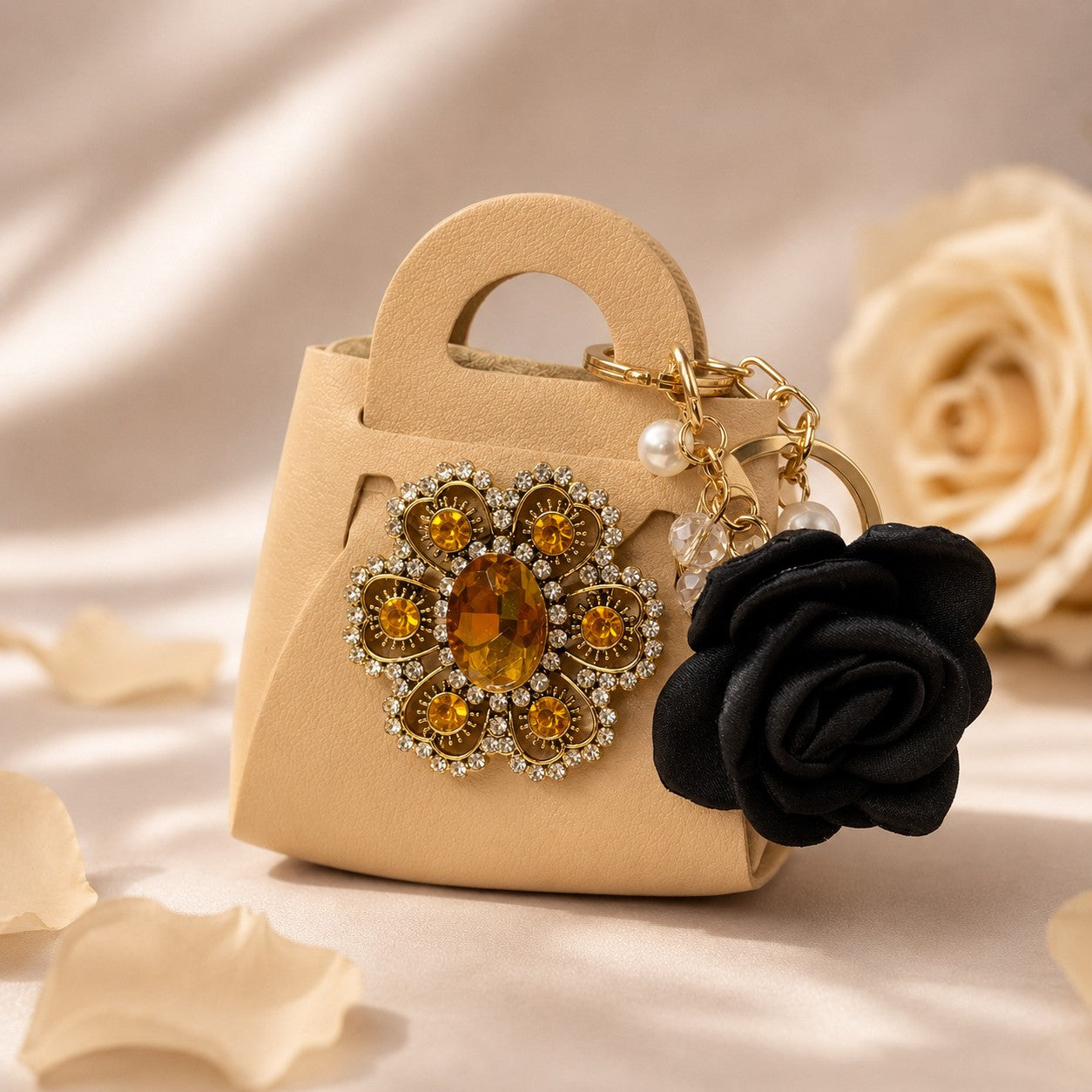 Rose Purse Keychain, Faux Leather Mini Handbag, Floral Bag Charm, Jeweled Accessory