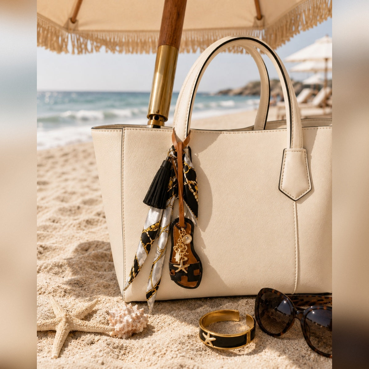 Handmade Nautical Black Resort Sandal & Silky Scarf Luxury Bag Charm with Sea Dangles