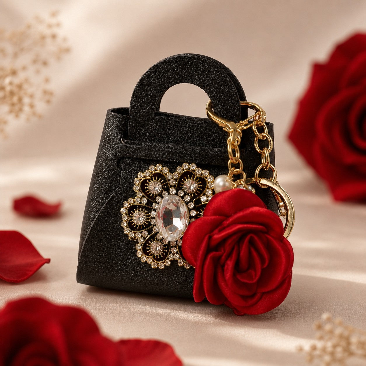 Rose Purse Keychain, Faux Leather Mini Handbag, Floral Bag Charm, Jeweled Accessory