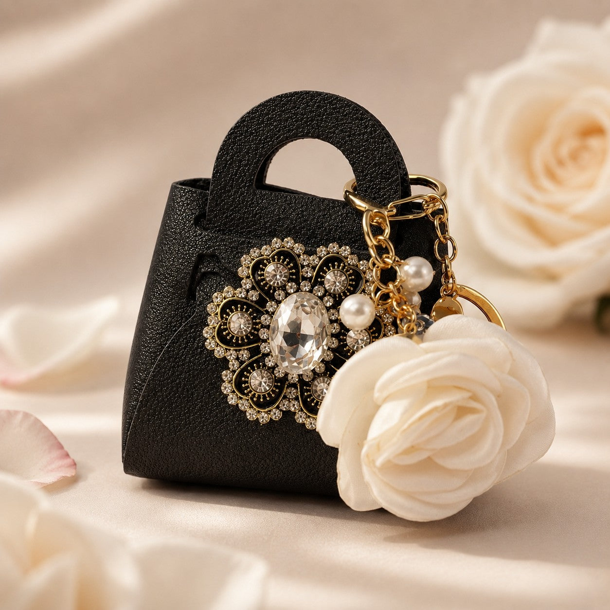 Rose Purse Keychain, Faux Leather Mini Handbag, Floral Bag Charm, Jeweled Accessory