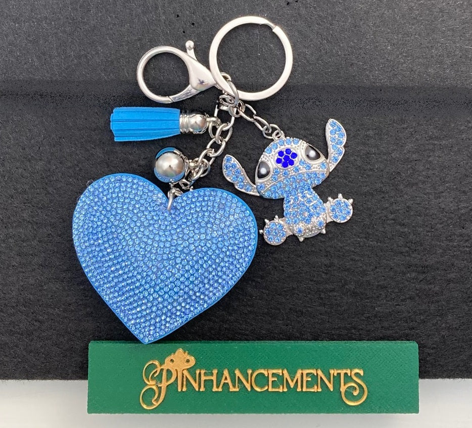 Disney Stitch Bag Charm, Purse Charm with coordinated bling heart keychain