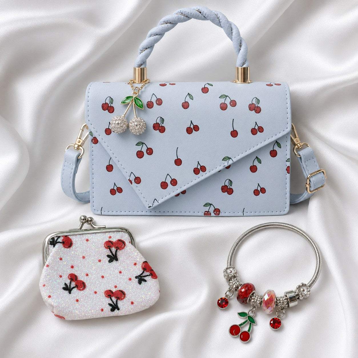 Rockabilly Cherry Print Purse Set Faux Leather Crossbody Bag Multi Piece Bundle