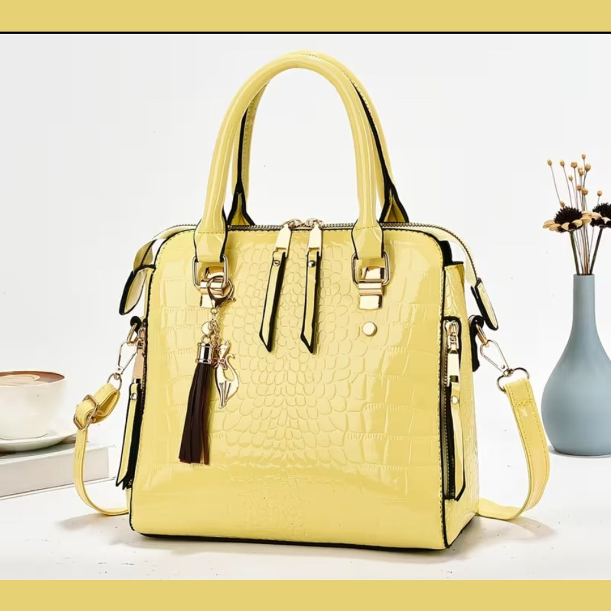 Glossy Croc Embossed Satchel Purse Crossbody Bag Tassel Multiple Colors