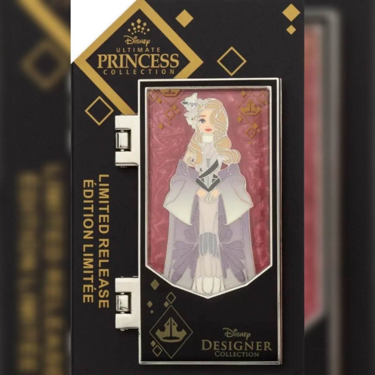 Disney Ultimate Princess Collection Designer Edition limited release enamel pin of Briar Rose on a black display card with gold accents.