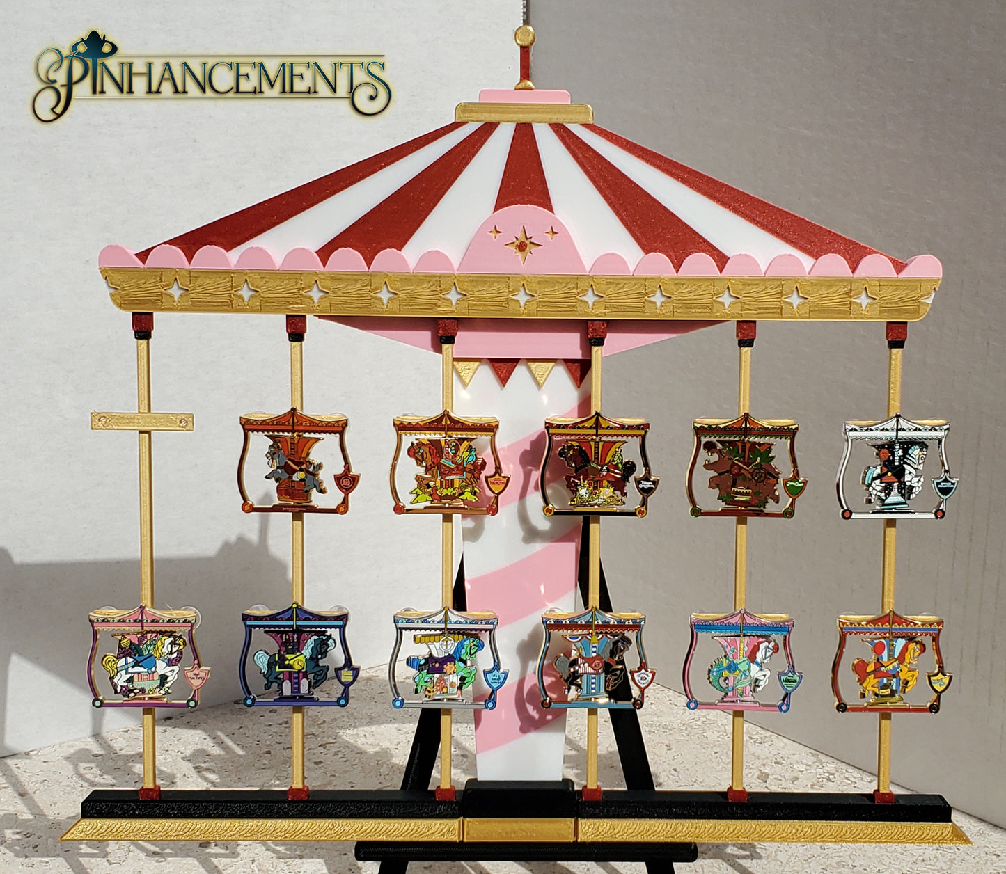 Pinhancements 3D printed Charming Carousel pin display board on easel