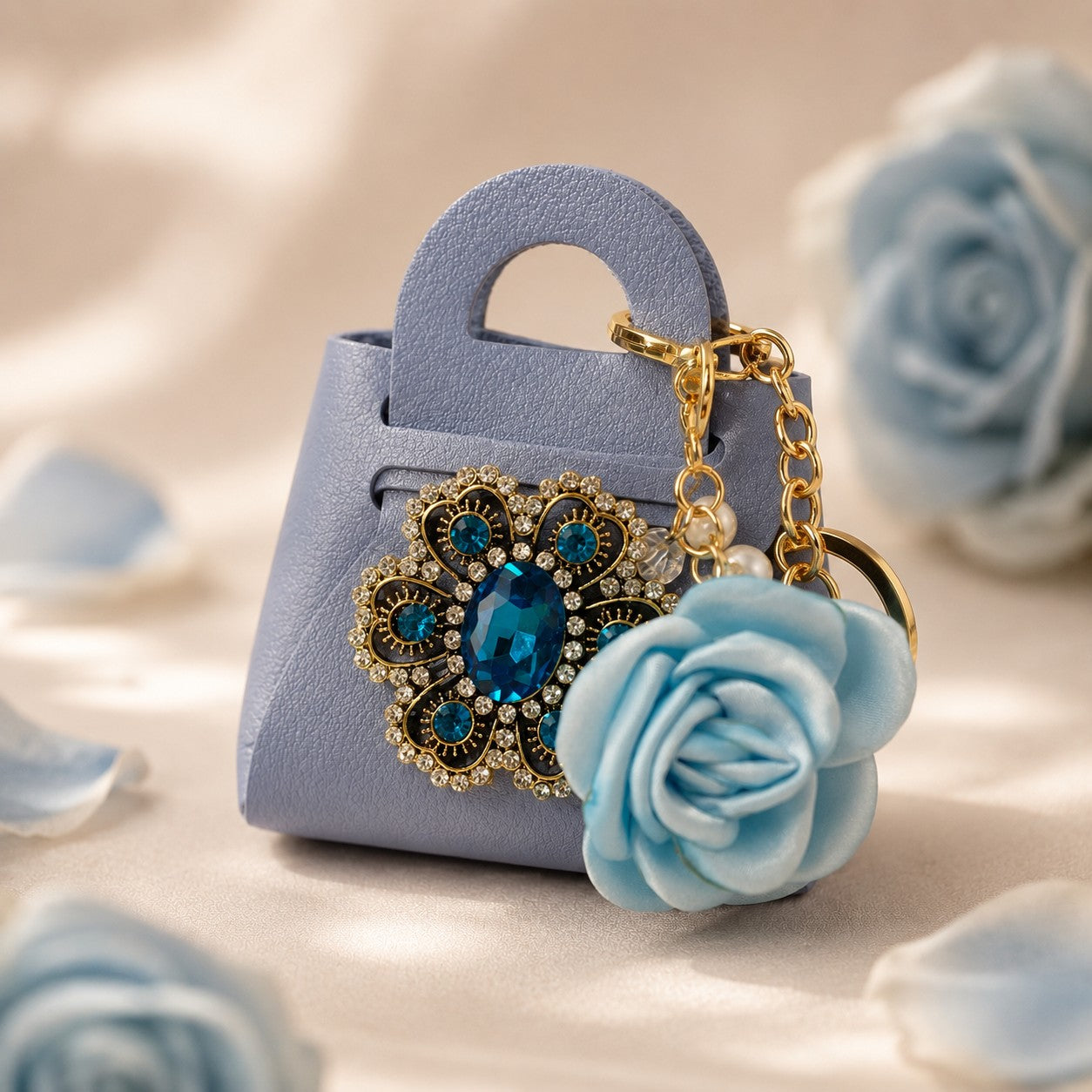 Rose Purse Keychain, Faux Leather Mini Handbag, Floral Bag Charm, Jeweled Accessory