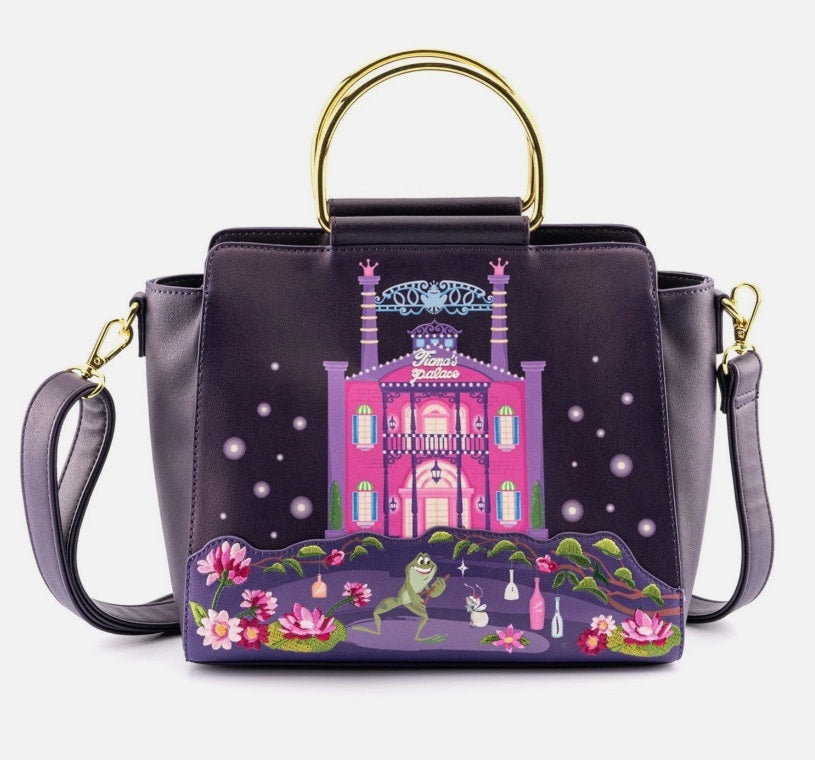 Loungefly Disney Princess and the Frog Tiana’s Place Top Handle Crossbody Bag NWT Faux Leather Purple