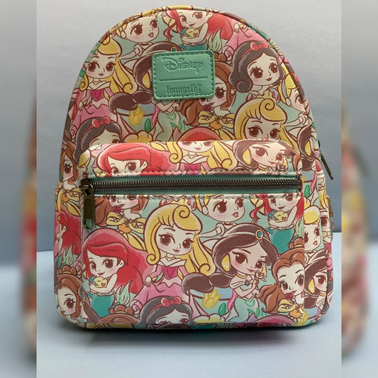 A mini Disney Loungefly backpack featuring an all-over colorful Chibi princess print, with a green faux-leather Disney Loungefly logo patch on the front and a zippered front pocket.