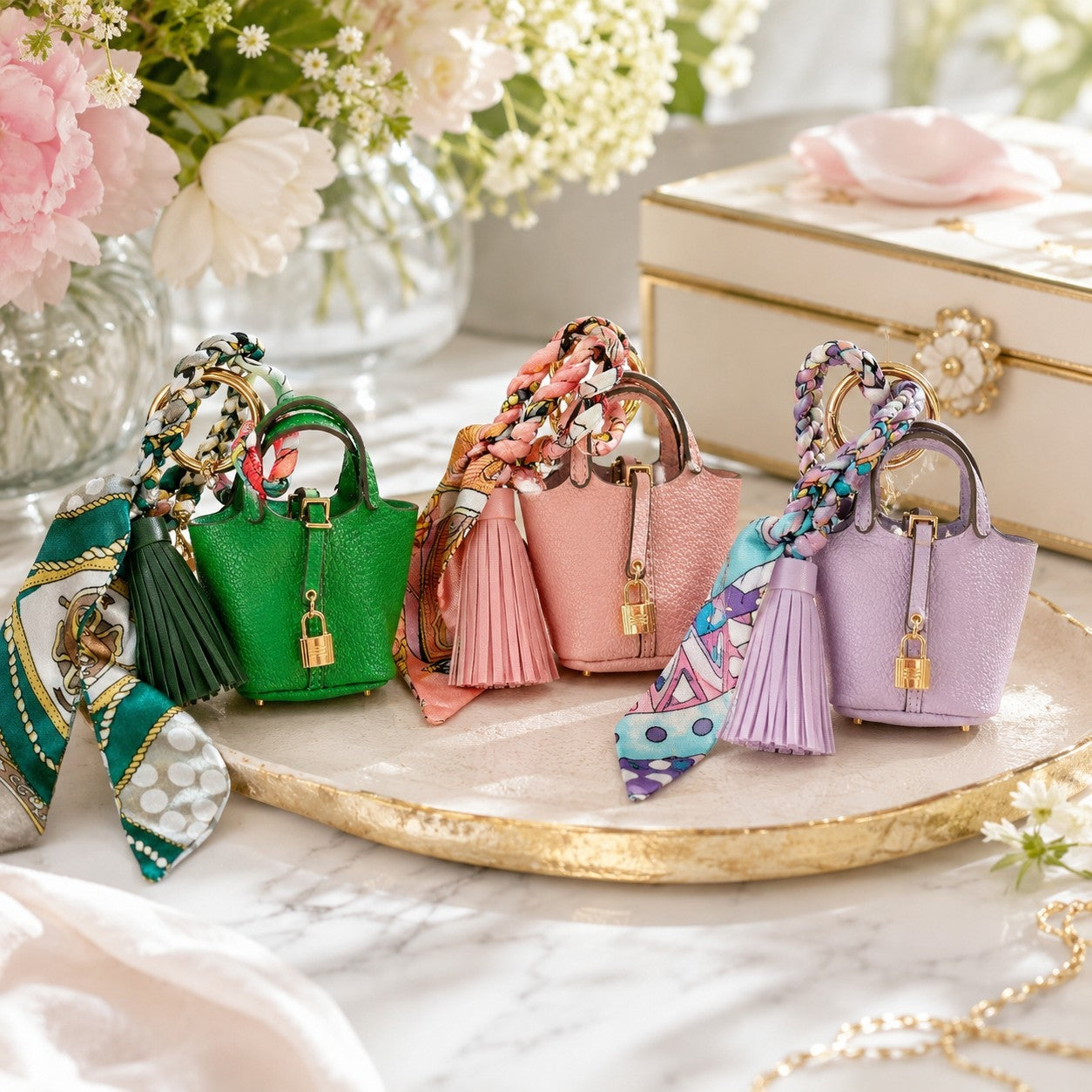 English Garden Luxury Bag Accessory Trio Mini Purse Keychain Charms