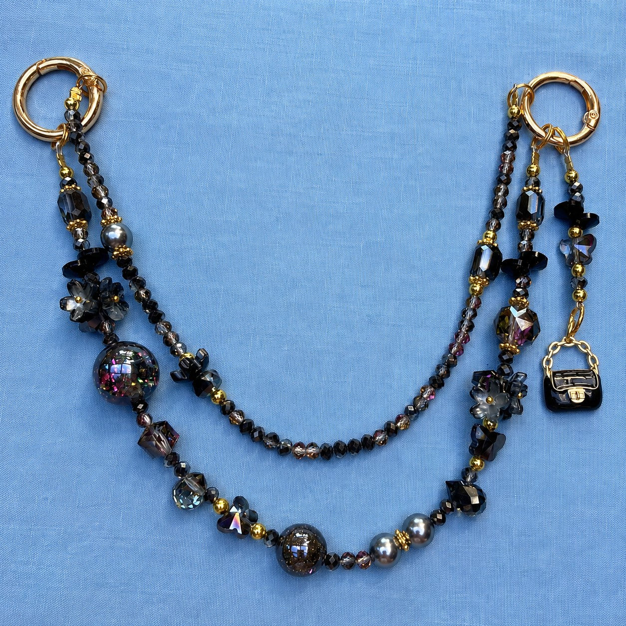 Black and Gold Beaded Purse and Phone Chain with Mini Purse Charm