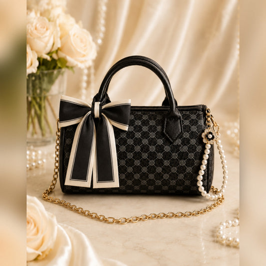 Black Patterned Barrel Crossbody Purse Cream Scarf Pearl Loop Golden Chain