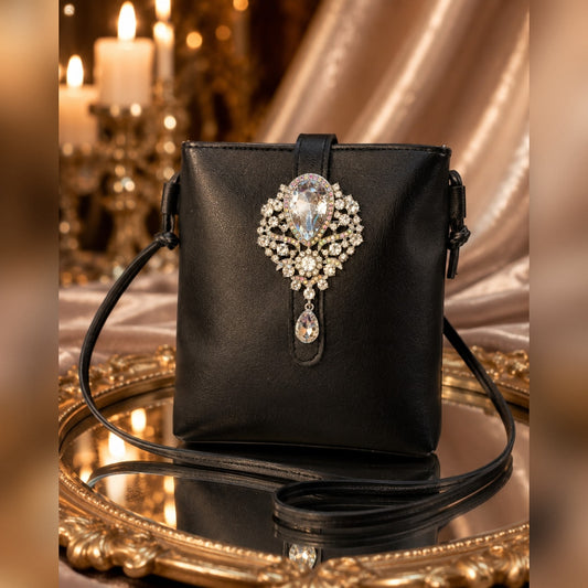 Black Rhinestone Crossbody, Vintage Vibe, Hand Embellished Evening Purse