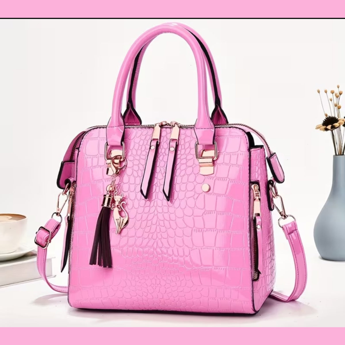 Glossy Croc Embossed Satchel Purse Crossbody Bag Tassel Multiple Colors
