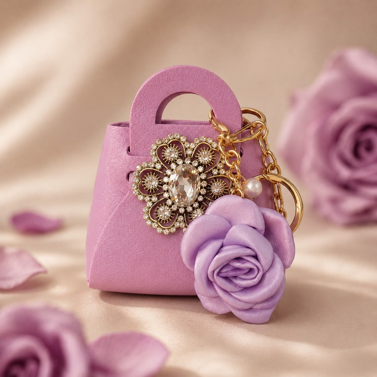 Rose Purse Keychain, Faux Leather Mini Handbag, Floral Bag Charm, Jeweled Accessory