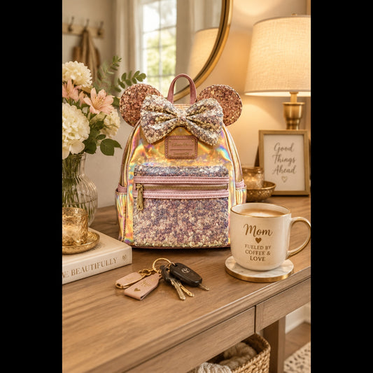 Disney Parks Loungefly Minnie Mouse mini backpack with gold holographic details, iridescent sequined ears, and a 3D bow on an entryway table with a Mom mug and car keys