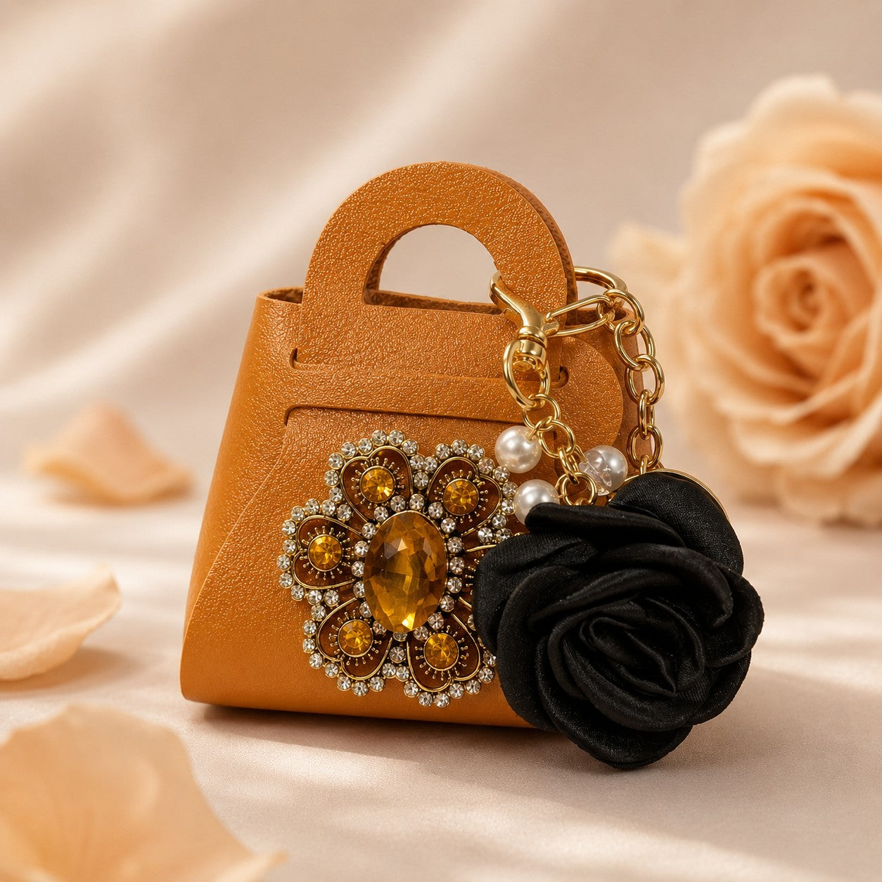 Rose Purse Keychain, Faux Leather Mini Handbag, Floral Bag Charm, Jeweled Accessory