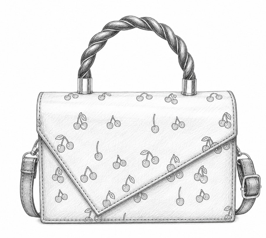 Rockabilly Cherry Print Purse Set Faux Leather Crossbody Bag Multi Piece Bundle