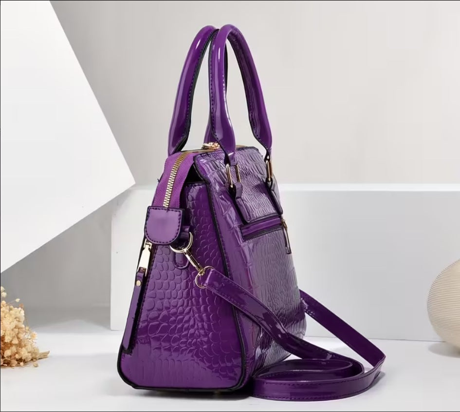 Glossy Croc Embossed Satchel Purse Crossbody Bag Tassel Multiple Colors
