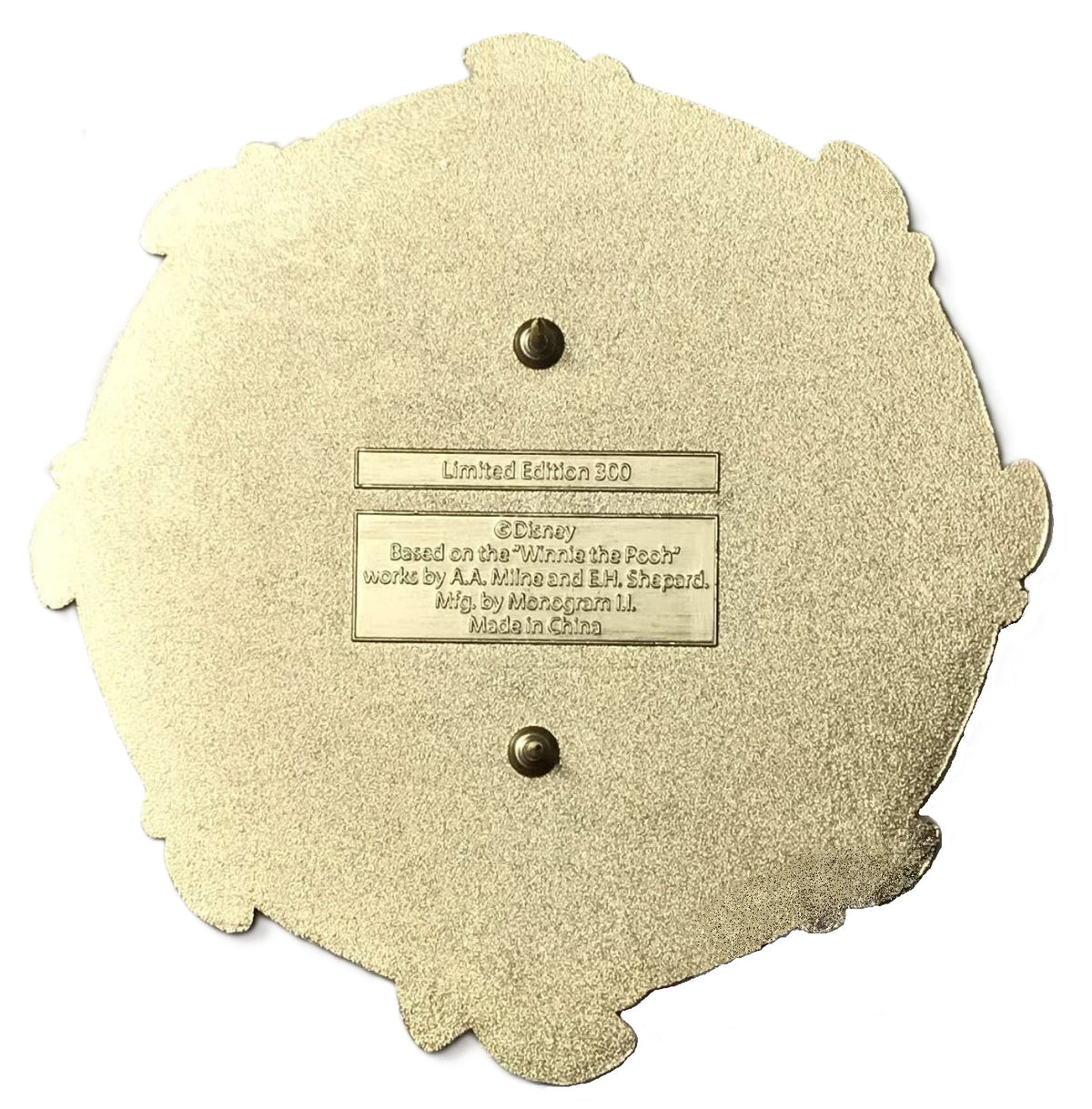 Gold-tone jumbo pin back with two posts, Disney markings and a Limited Edition 300 stamp.