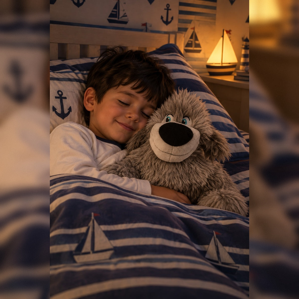 A young boy with dark hair lies in bed under a blue and white striped duvet with sailboat prints, cuddling a Disney Max plush dog. The room has a warm, cozy ambiance with a lit lamp on the bedside table.