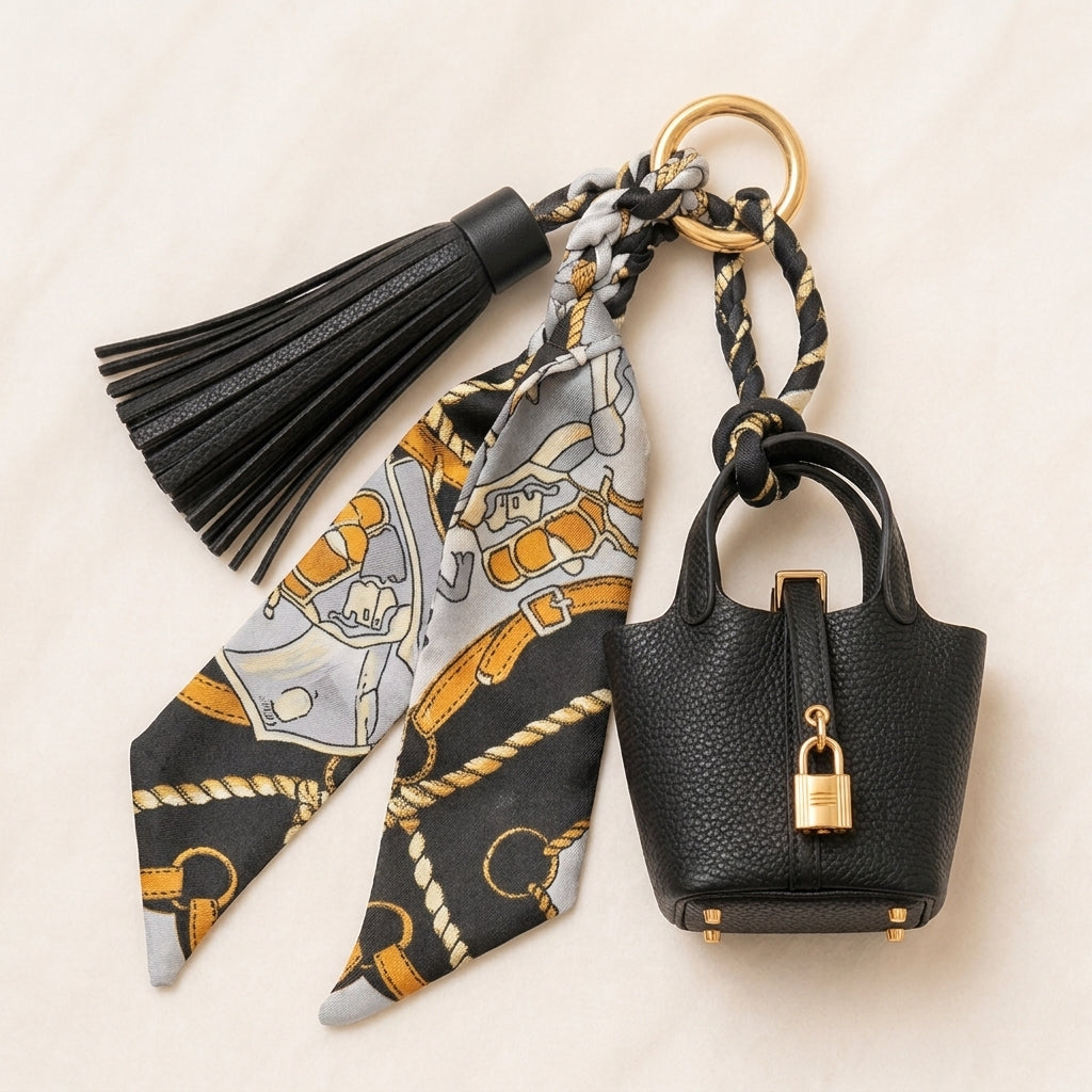 A fashion keychain featuring a miniature black leather handbag charm with a gold padlock, attached to a black leather tassel and a black-and-gold patterned silk scarf, all on a gold ring.