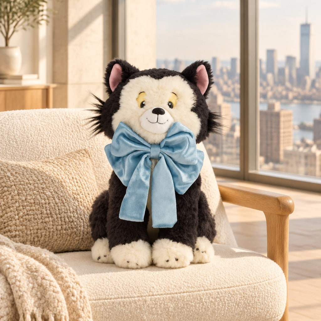 A black and white plush Figaro with pink inner ears, yellow eyes, and a large light blue bow around his neck, sitting on a cream boucle armchair in a sunlit room with a city skyline visible through the window.