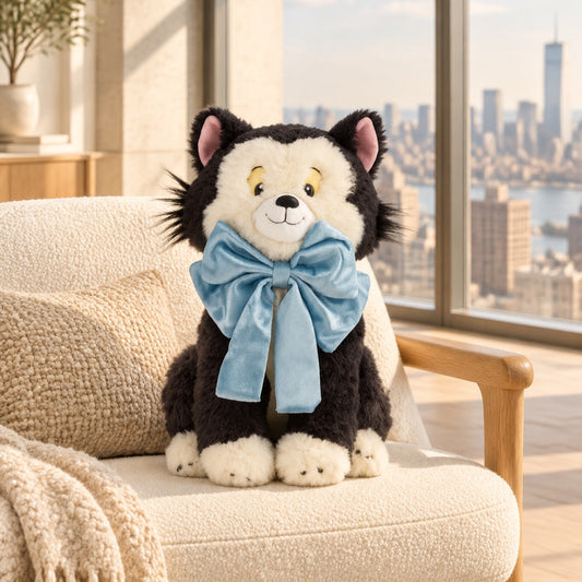 A black and white plush Figaro with pink inner ears, yellow eyes, and a large light blue bow around his neck, sitting on a cream boucle armchair in a sunlit room with a city skyline visible through the window.