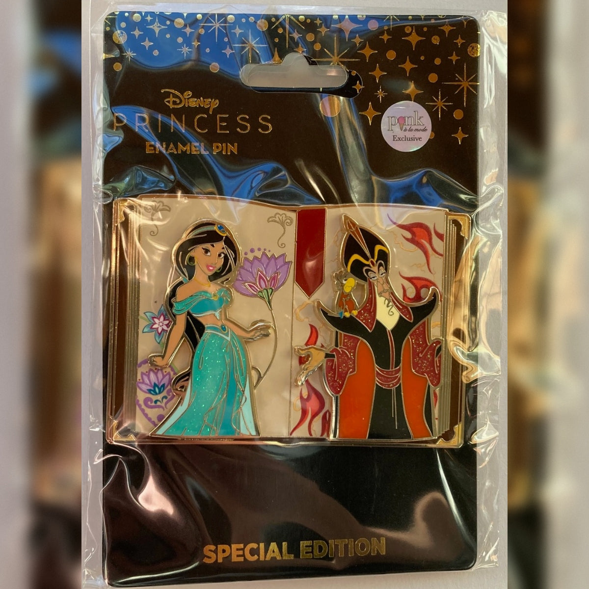 Pink a la Mode Disney Storybook series jumbo pin in packaging, featuring Princess Jasmine, Jafar, and Iago on original Special Edition card