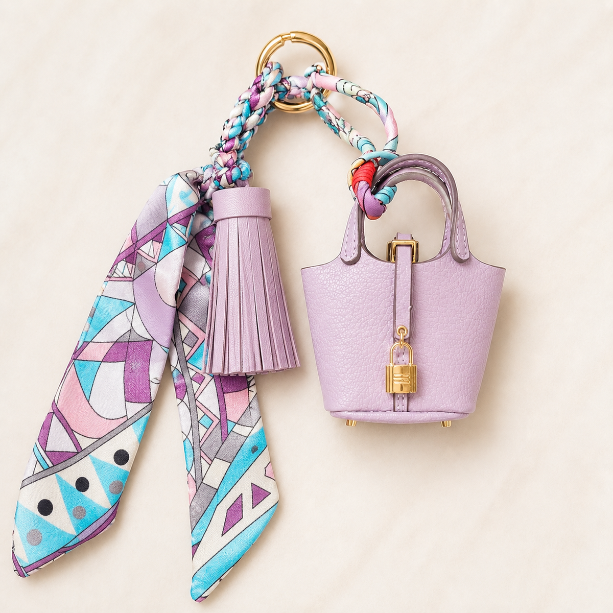 A miniature lavender pebbled handbag keychain charm with a gold padlock, attached to a braided multicolor scarf strap with a purple tassel and gold ring, displayed on a light beige marble background.