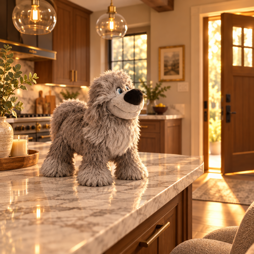 A plush gray dog toy (Disney's Max the sheepdog) is shown with a shaggy faux-fur body, blue eyes, and a black nose standing on a marble kitchen island in a warm, sunlit home interior.