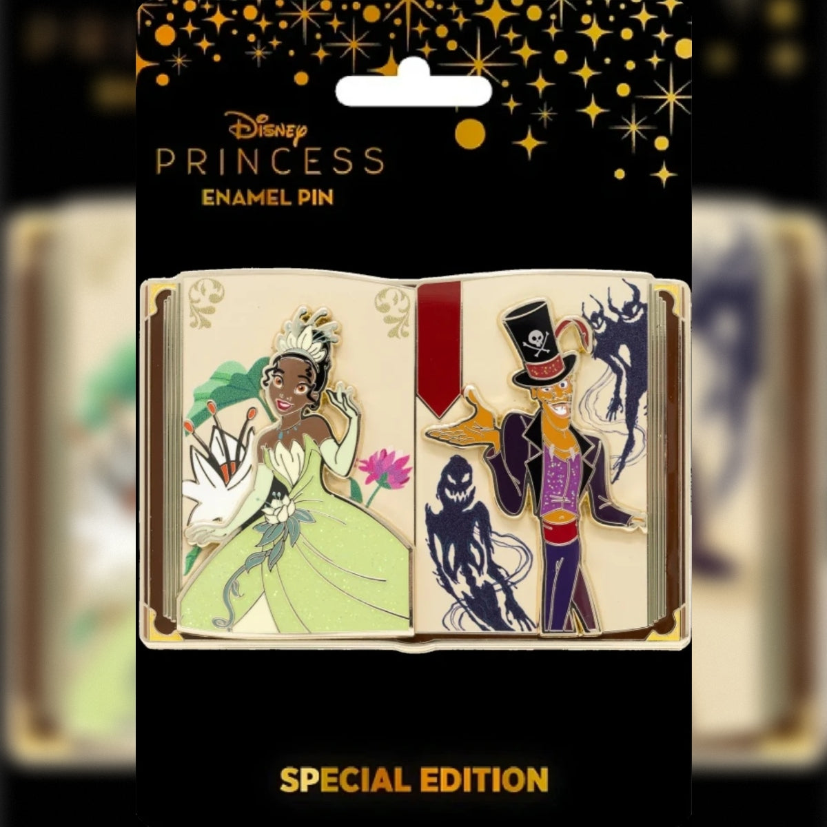 Disney Princess Enamel Pin Special Edition Storybook pin on its black retail card packaging, featuring Tiana and Facilier