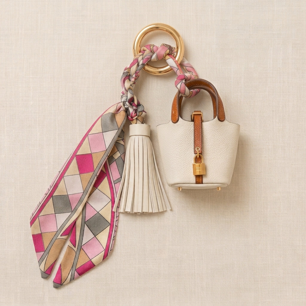 A decorative keychain bag charm featuring a small cream mini handbag with brown handles, a cream tassel, a gold padlock, and a braided scarf with a pink, gray, and beige argyle pattern, hanging from a gold ring on a textured beige background.