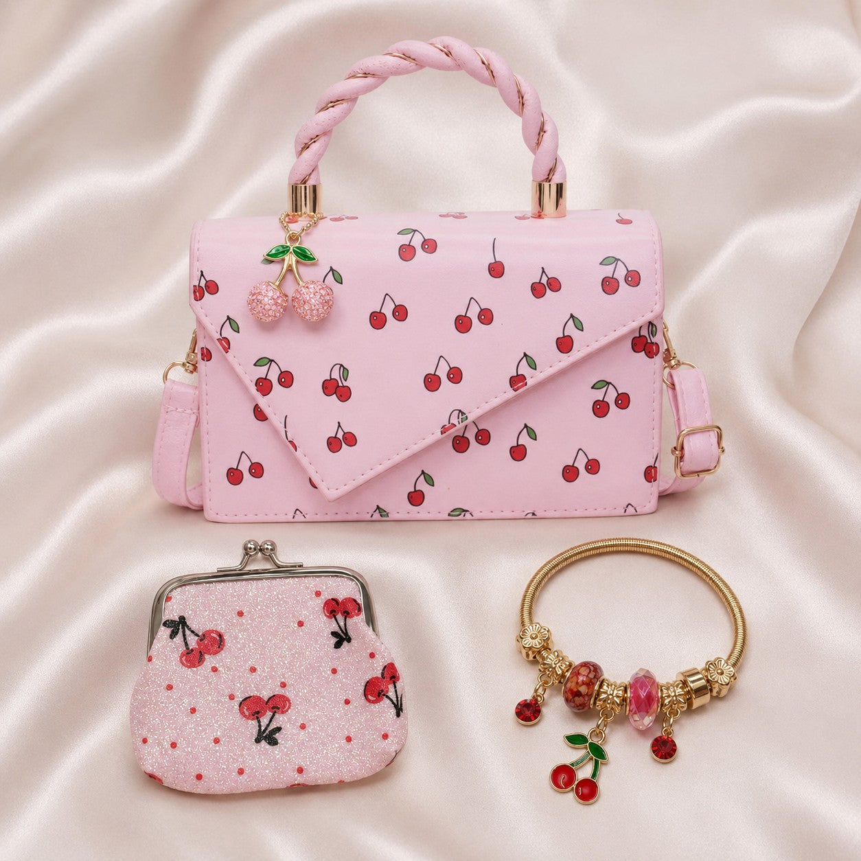 Rockabilly Cherry Print Purse Set Faux Leather Crossbody Bag Multi Piece Bundle