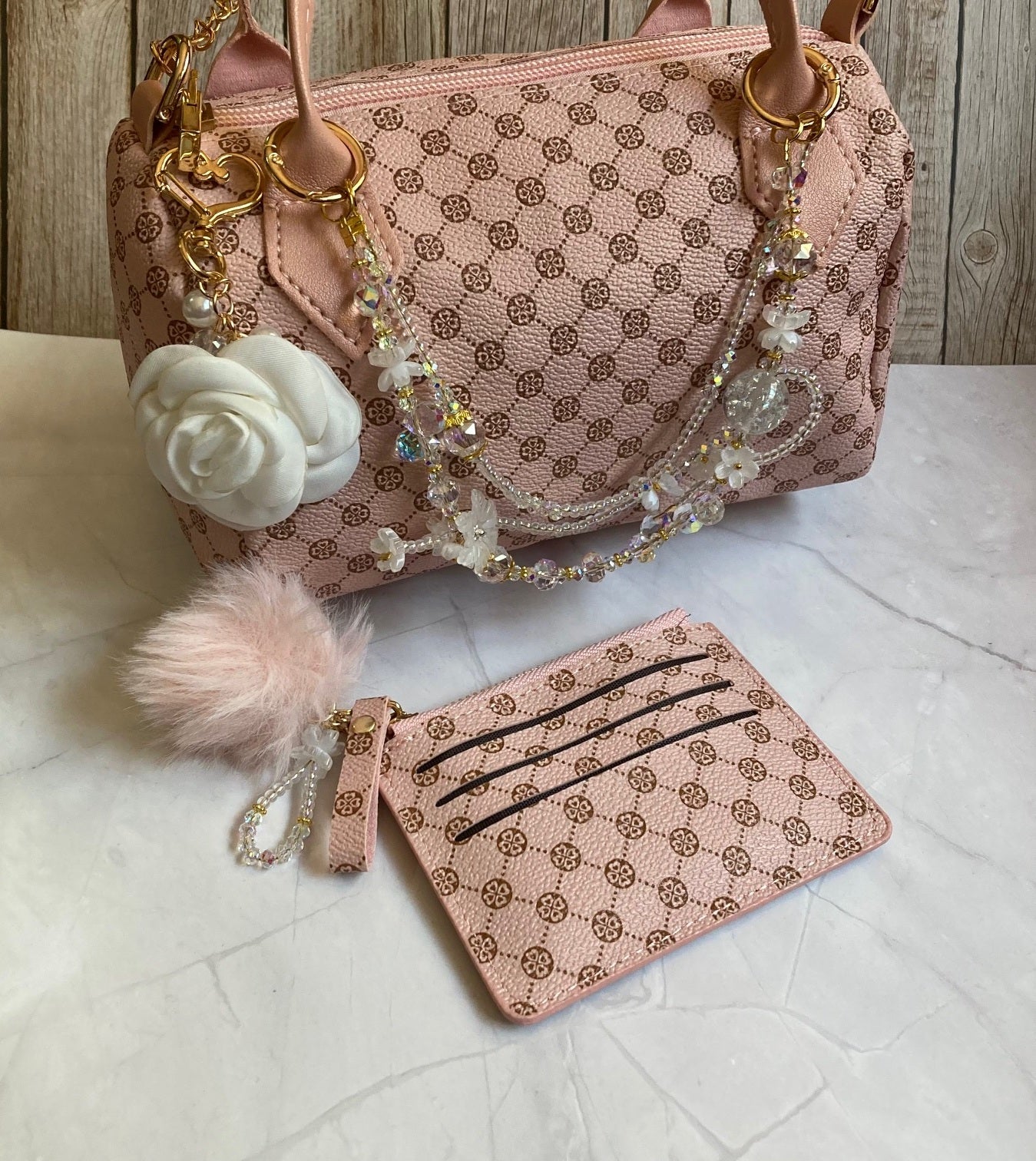Pink Barrel Handbag Set with Matching Mini Wallet and Handmade Beaded Purse Necklace
