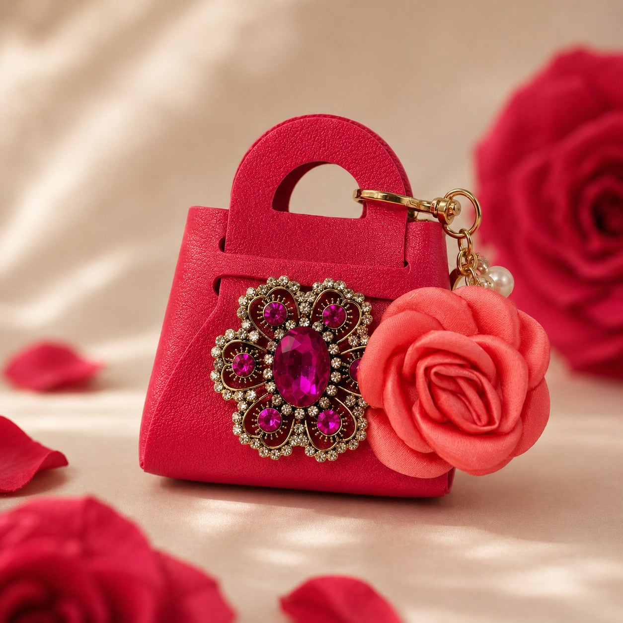 Rose Purse Keychain, Faux Leather Mini Handbag, Floral Bag Charm, Jeweled Accessory