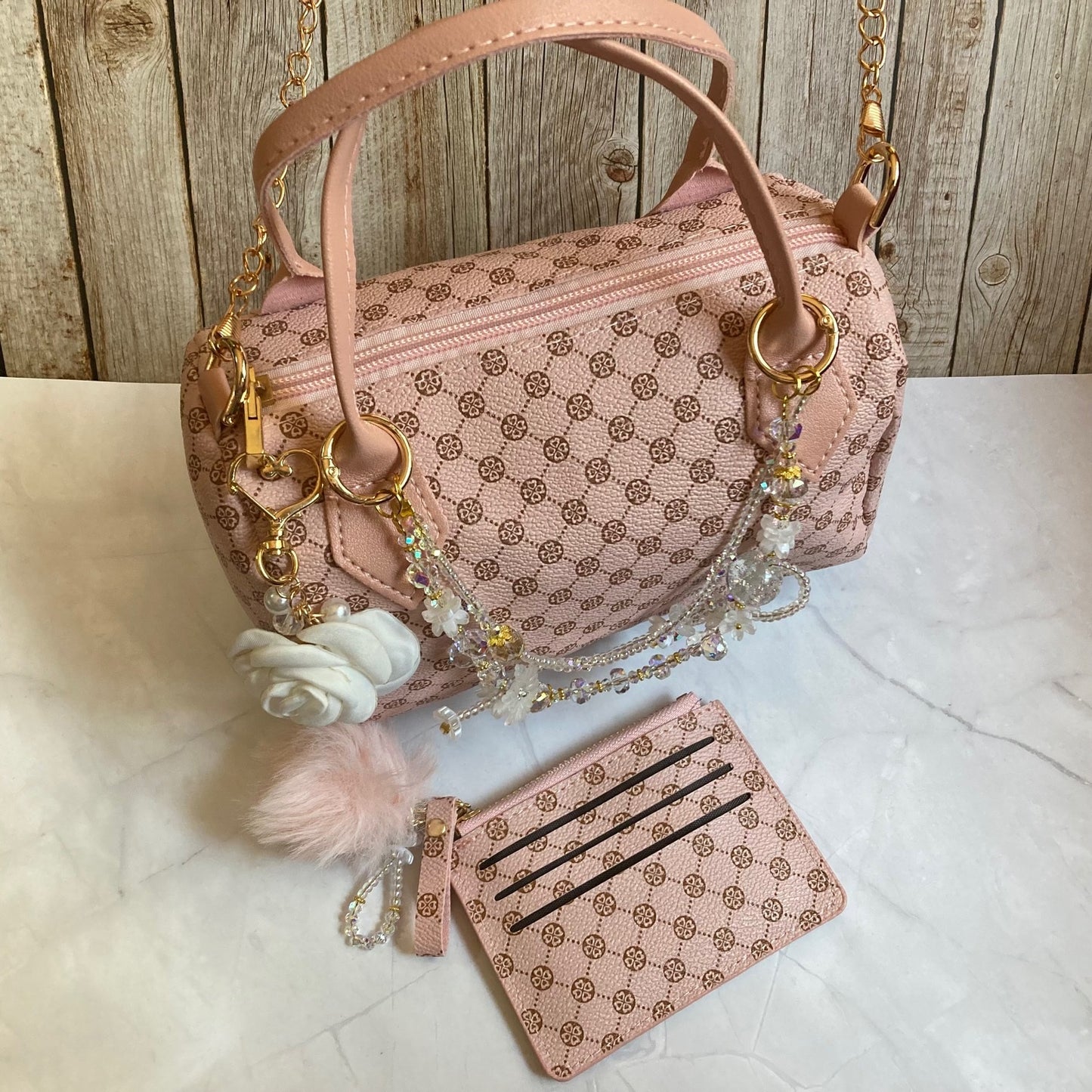 Pink Barrel Handbag Set with Matching Mini Wallet and Handmade Beaded Purse Necklace