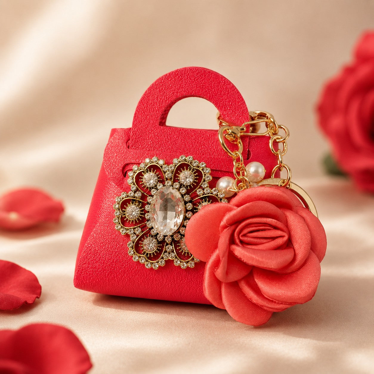 Rose Purse Keychain, Faux Leather Mini Handbag, Floral Bag Charm, Jeweled Accessory