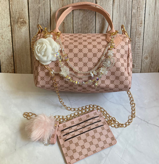 Pink Barrel Handbag Set with Matching Mini Wallet and Handmade Beaded Purse Necklace